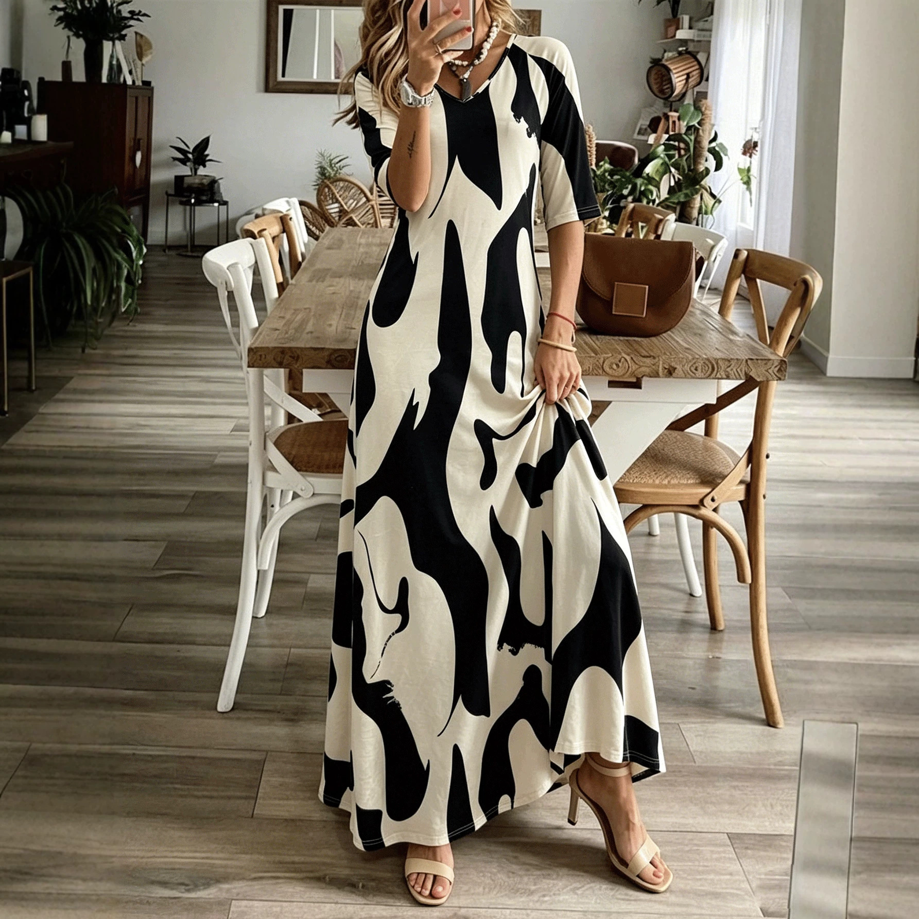 Color-Block Abstract Print V-Neck Half-Sleeve A-Line Midi Dress