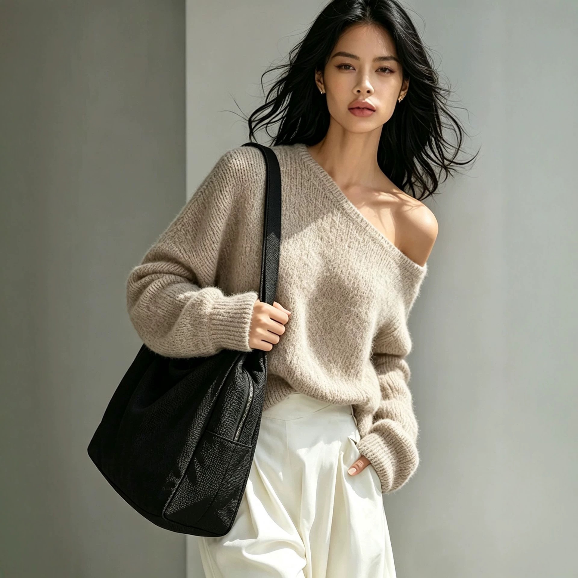 Women's Off-Shoulder Lazy Knit Top Fall Winter Pullover