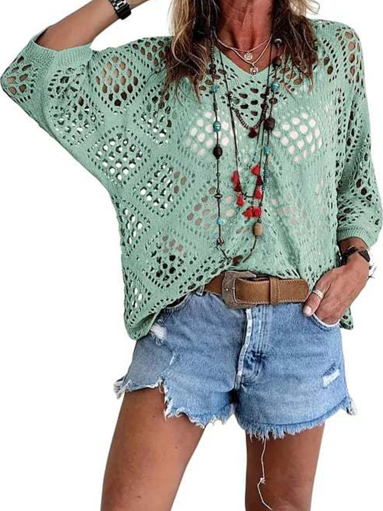 V-Neck Diamond Openwork Batwing Sleeve Knit Sweater Top