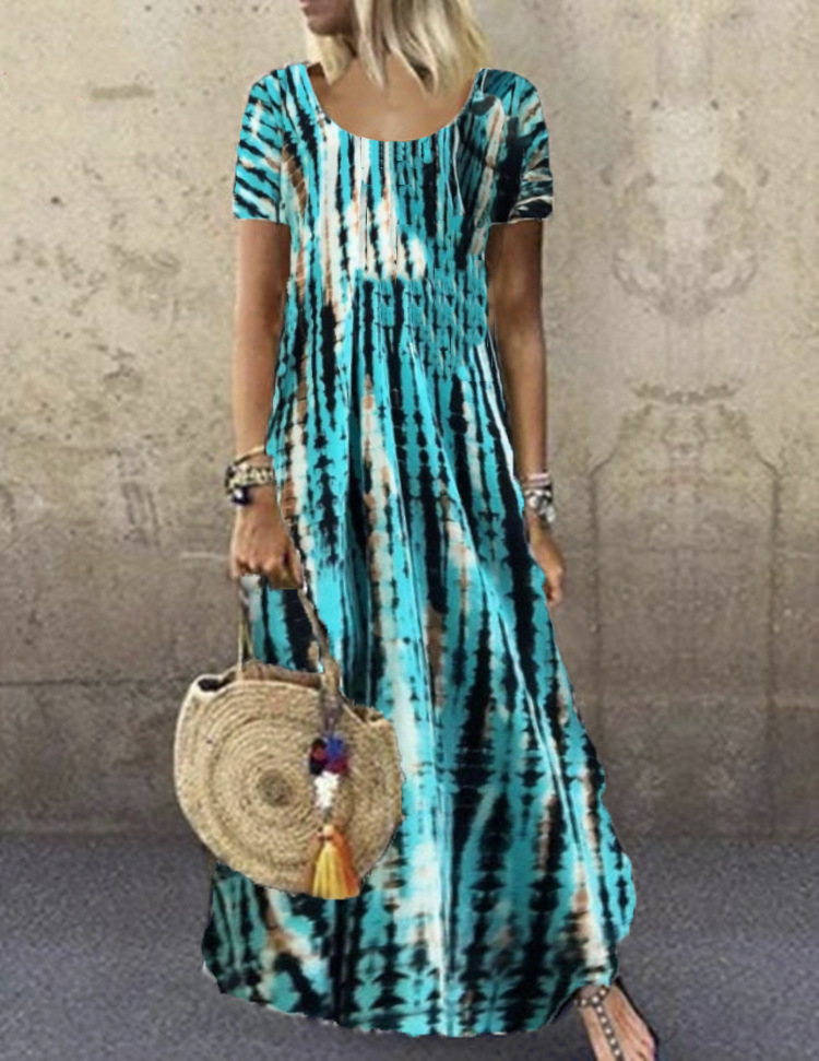 Tie-Dye Print Short Sleeve Round Neck Maxi Dress Plus Size Casual