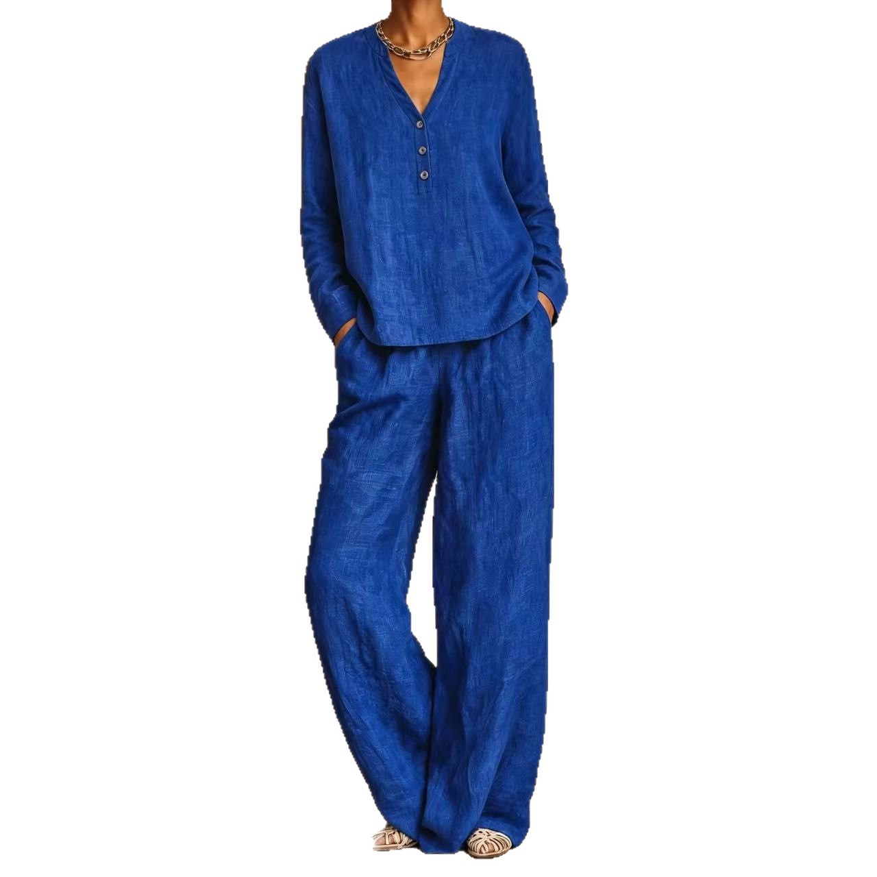Women's V-Neck Button Solid Long Sleeve Top & Wide-Leg Pants 2-Piece Set