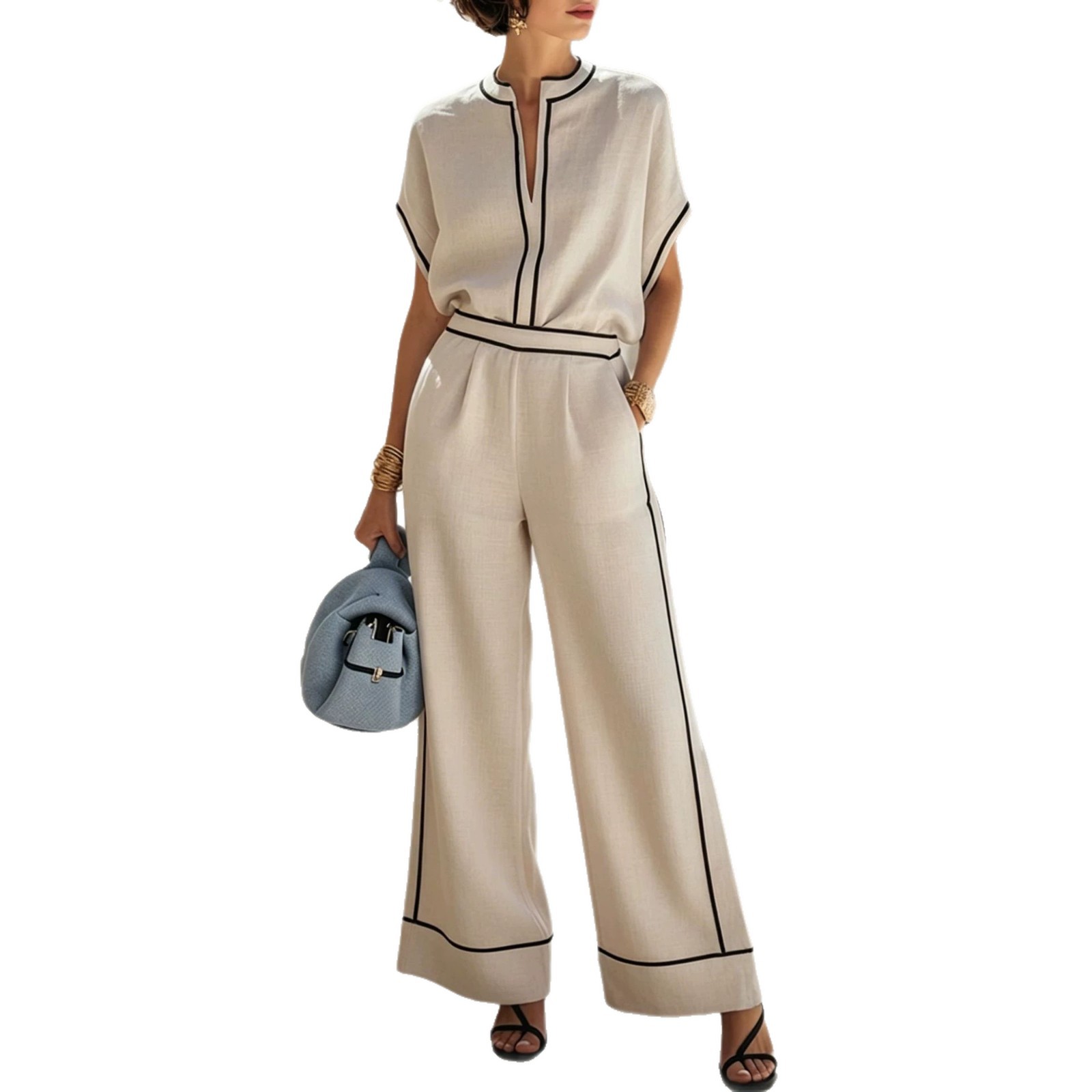 Minimalist Vacation Short Sleeve Top & Black Trim Wide-Leg Pants Set