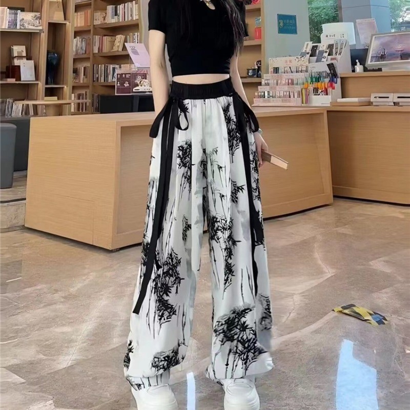 Women's New Chinese Style Ice Silk Chiffon Wide-Leg Pants Ink Wash Straight-Leg