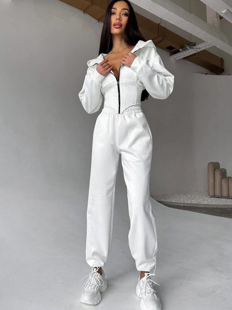 Women's Solid Color Cinched Waist Hoodie and Pants Set Casual Two-Piece