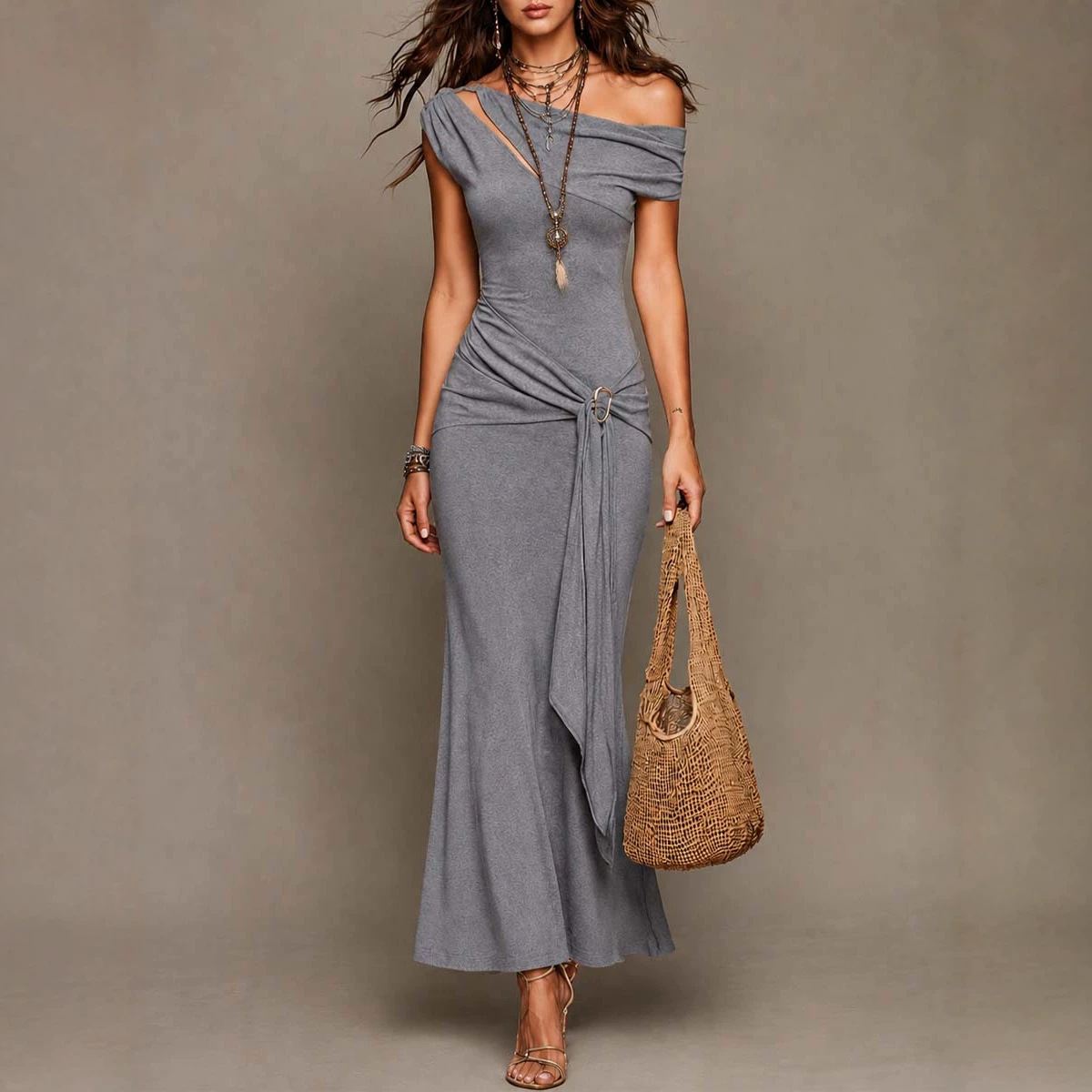One-Shoulder Cutout Twist Knot Tie-Waist Bodycon Mermaid Maxi Dress