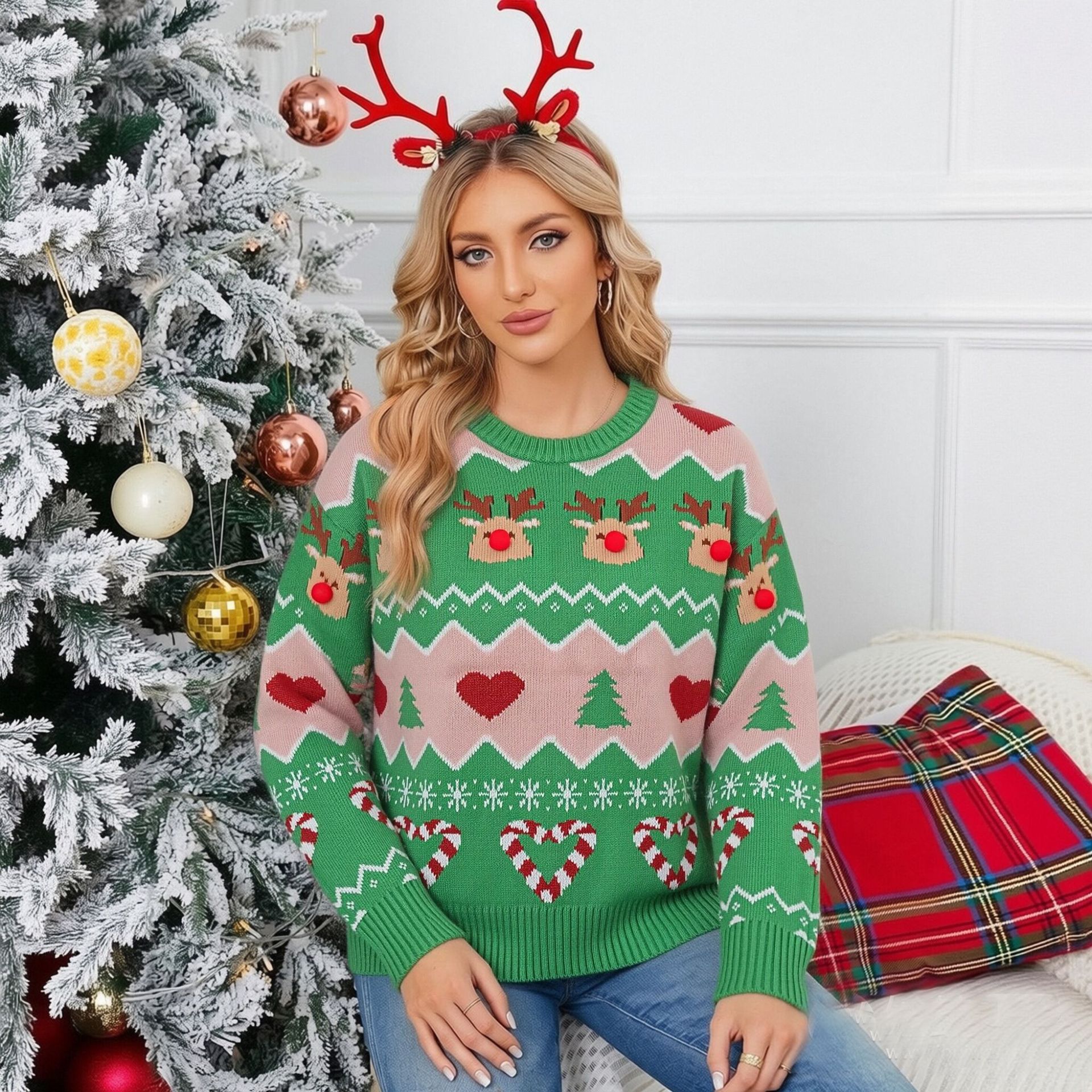 Christmas Reindeer Pullover Sweater Women's Loose Knit