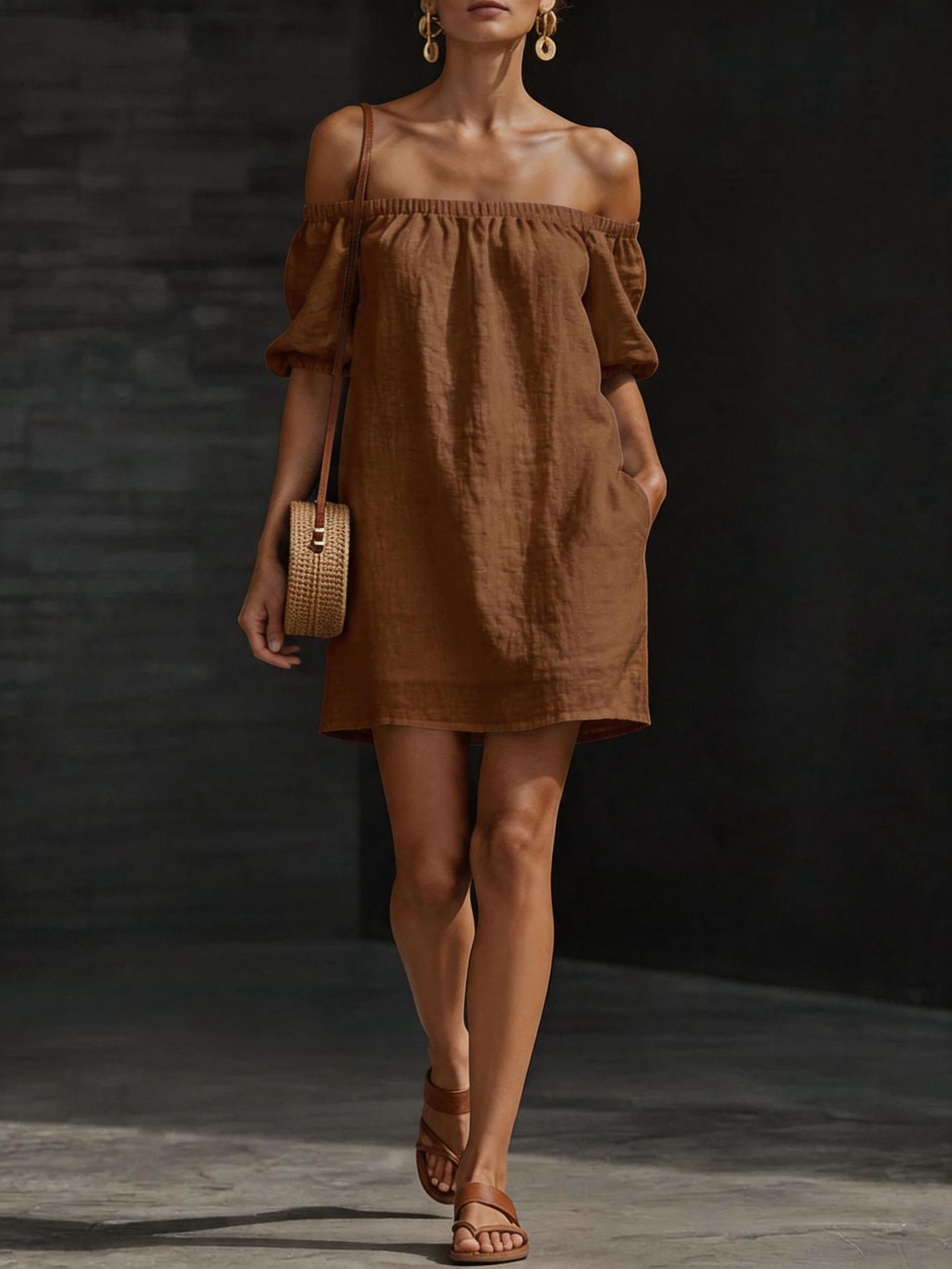 Women's Cotton-Linen Off-Shoulder Dress Solid Color Loose Fit