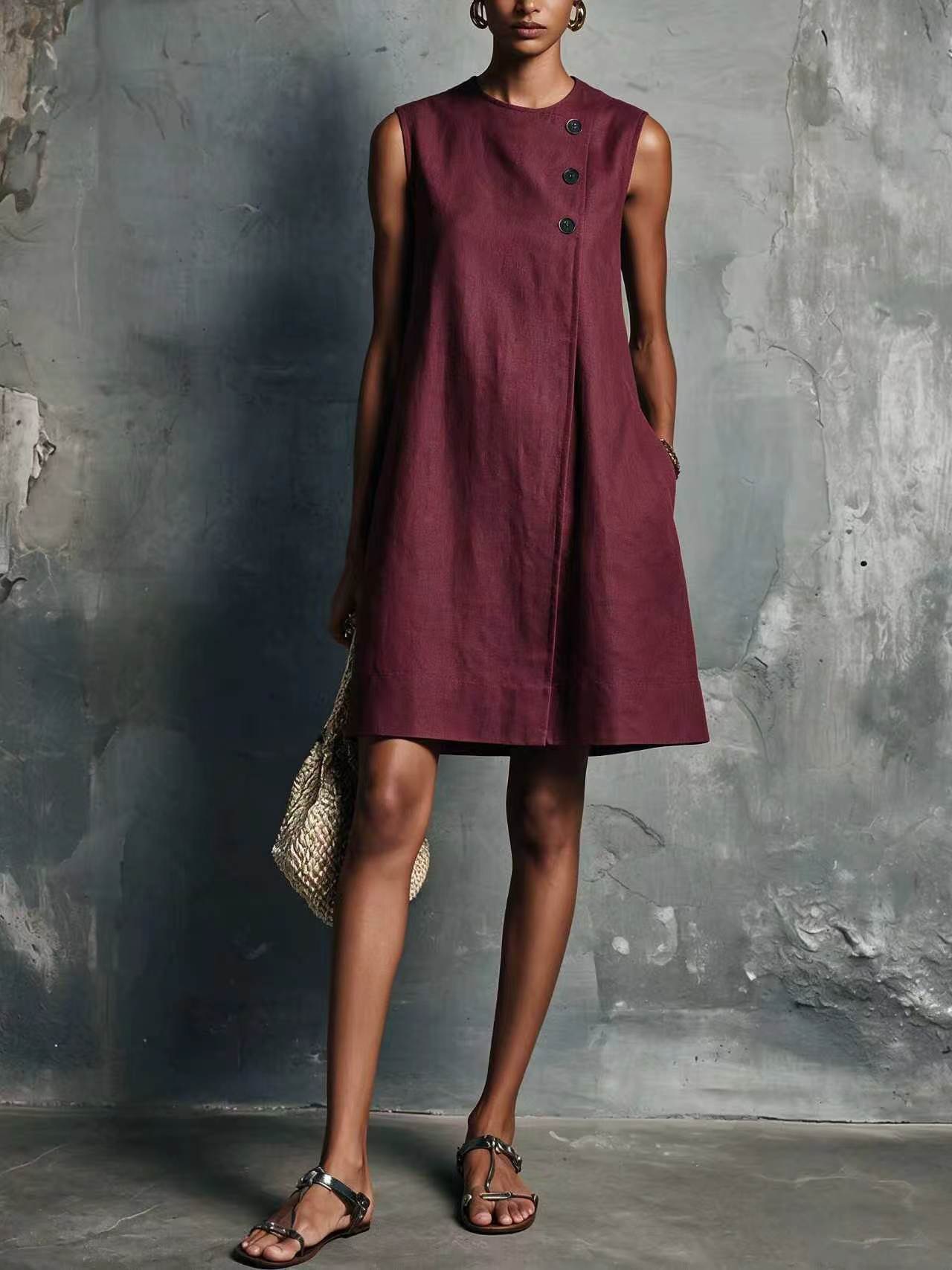 Minimalist Crewneck Sleeveless Dress with Asymmetric Buttons and Side Pockets