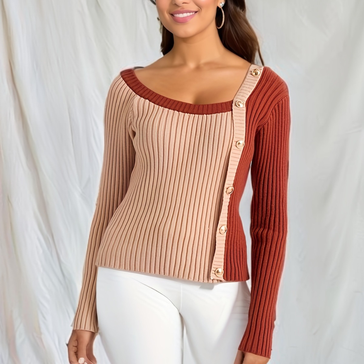 Color-Block Asymmetric Neck Knit Sweater with Faux Buttons