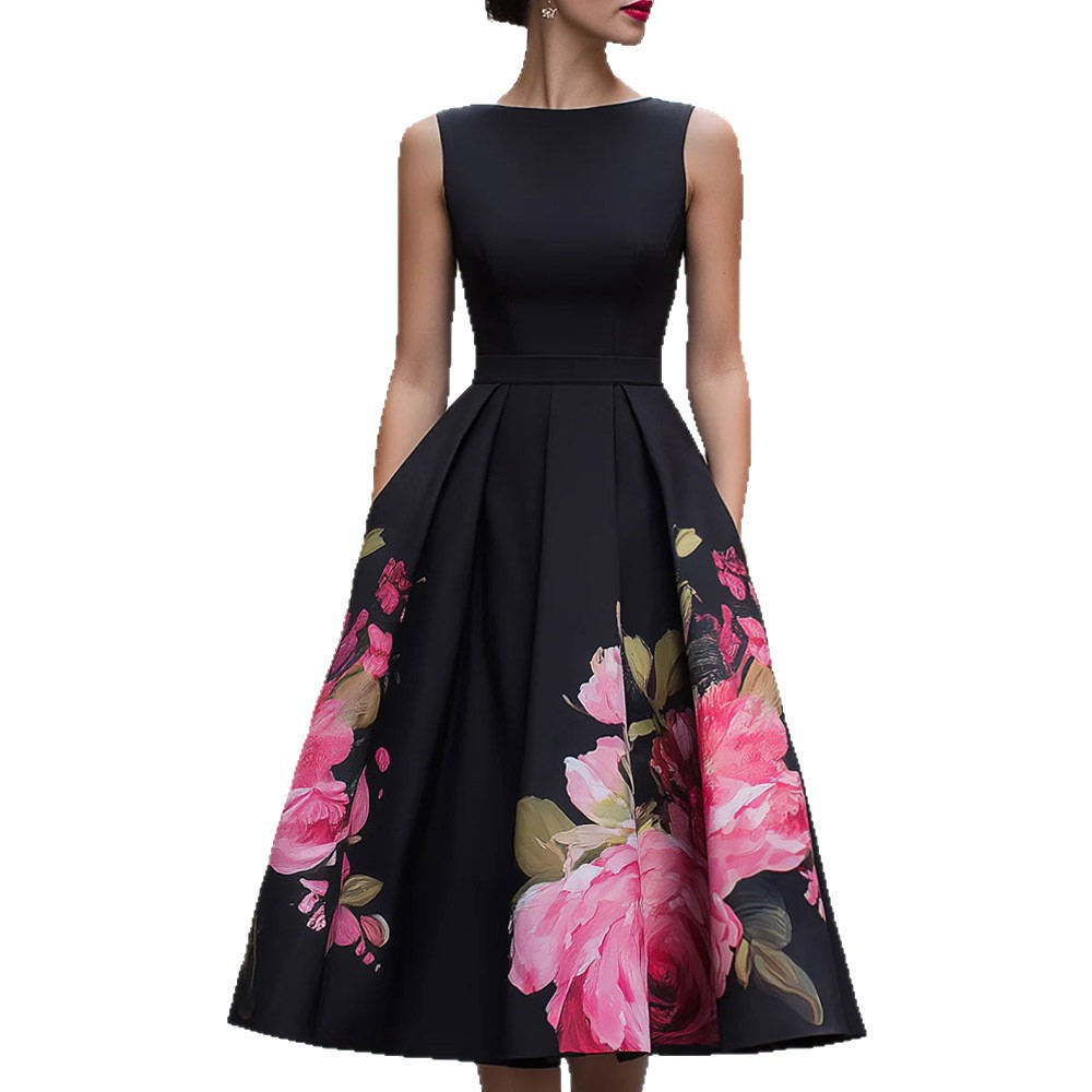 Women's Sleeveless Floral A-Line Midi Dress with Waist-Cinching Pleats