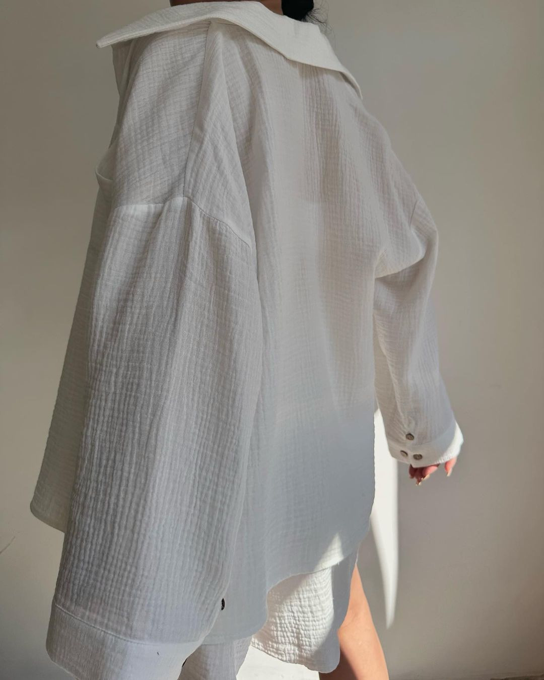 Women's Textured Collared Long Sleeve Shirt and Drawstring Shorts Set