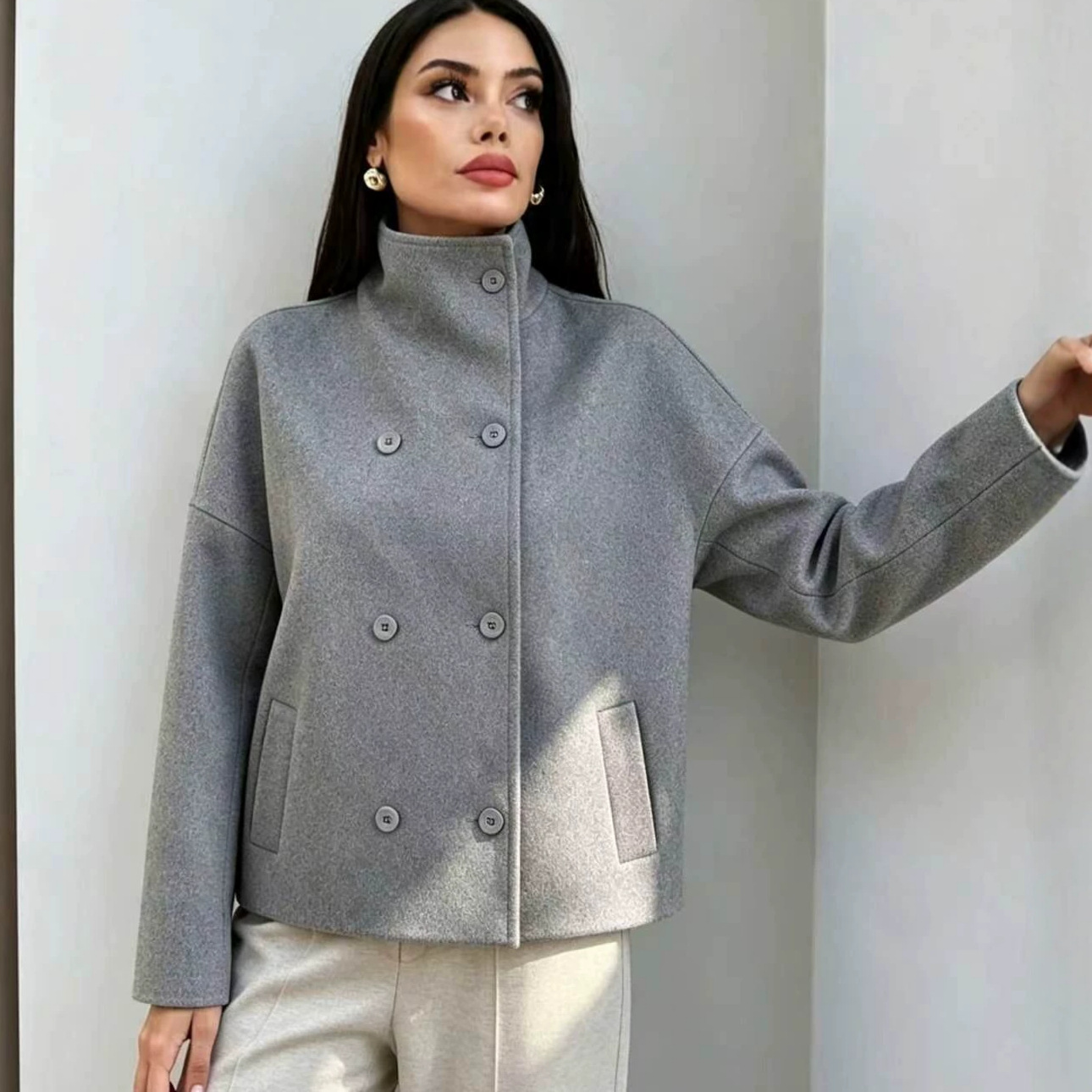 Women's Stand Collar Double-Breasted Blazer Jacket