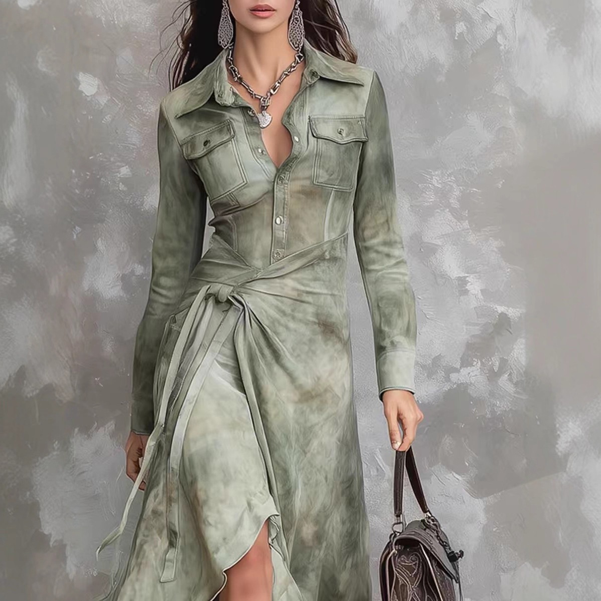 Printed Long-Sleeve Vintage-Style A-Line Maxi Dress with Tie Detail