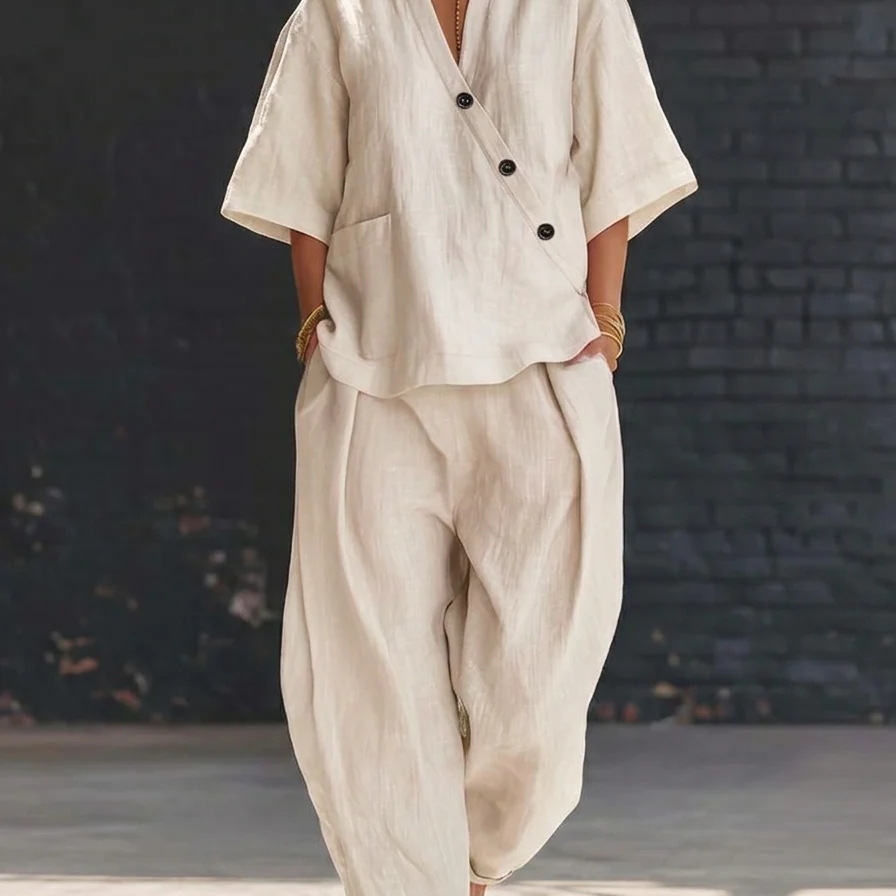 V-Neck Short Sleeve Top and High-Waist Pants Two-Piece Set