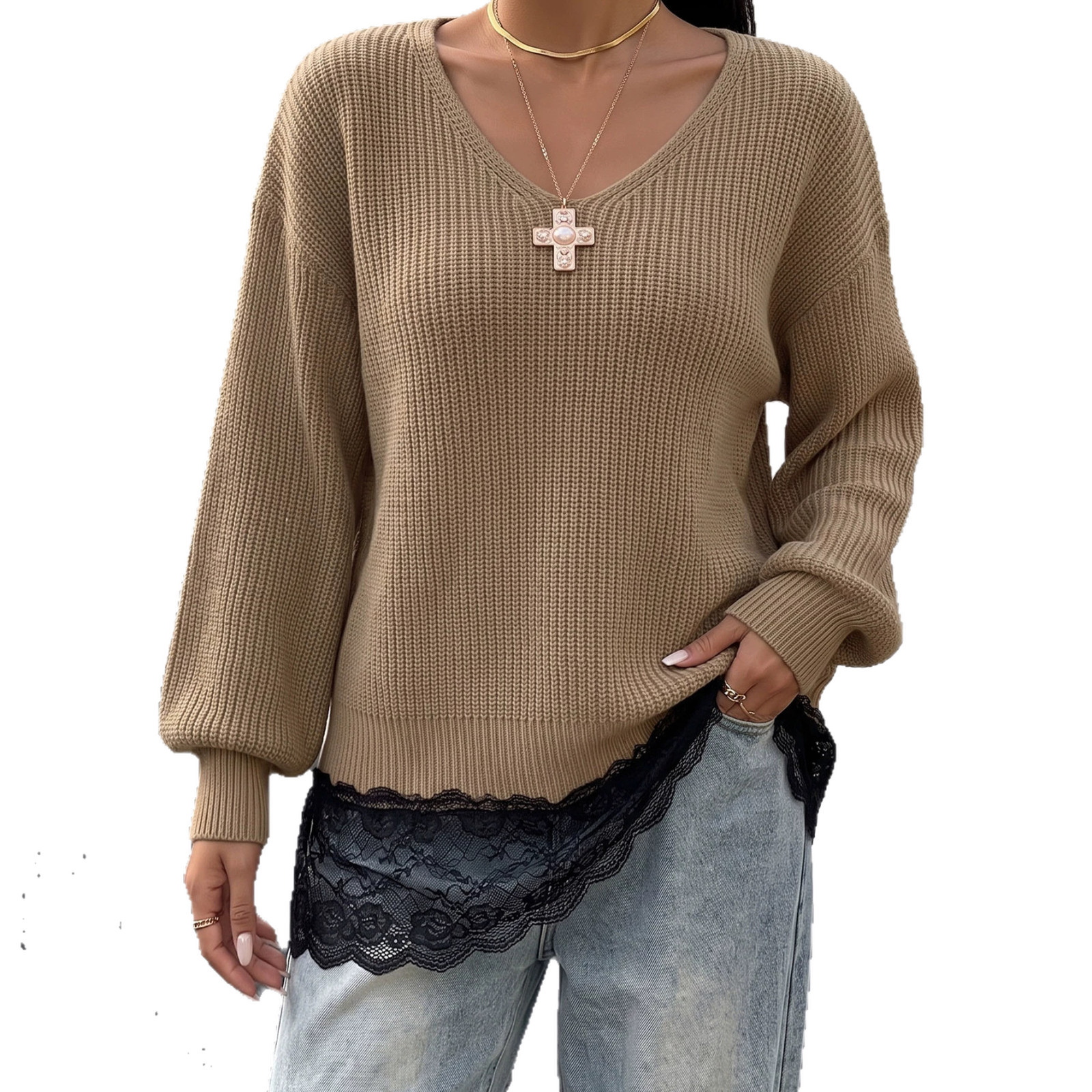 Women's Lace-Trim Faux-Layer Knit Sweater