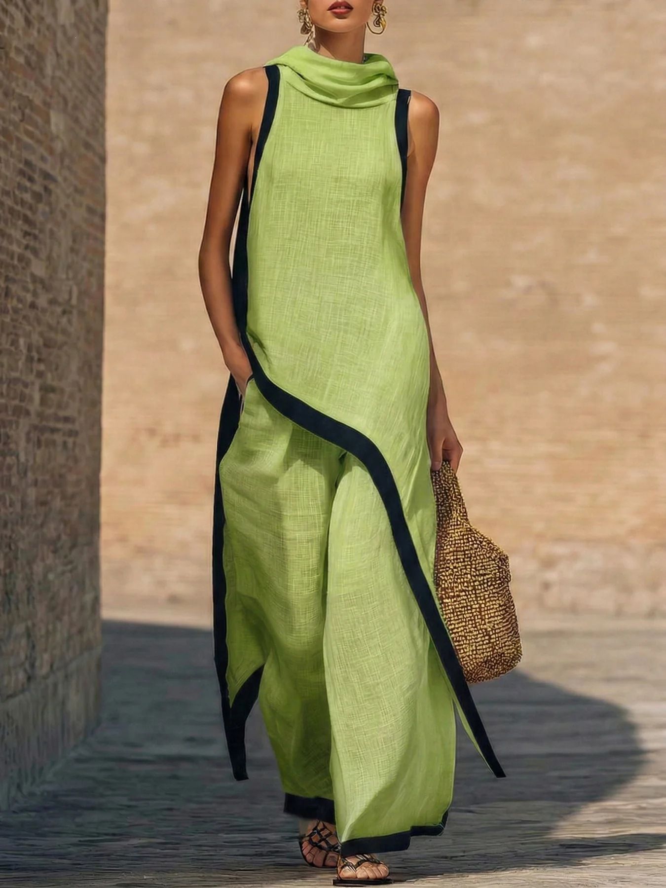 Women's Sleeveless Top and Wide-Leg Pants Two-Piece Set with Asymmetrical Details