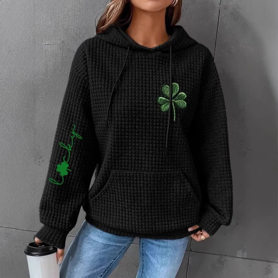 Four-Leaf Clover Waffle Print Women's Casual Hoodie