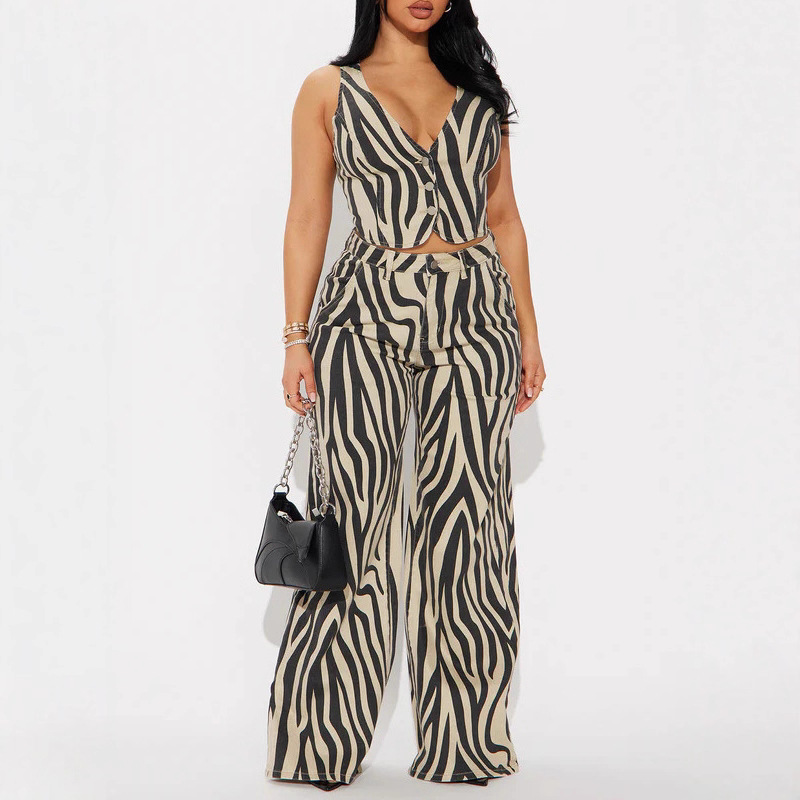 Zebra Striped Sleeveless Vest and Wide-Leg Pants Two-Piece Set