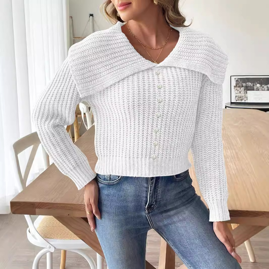Women's Pearl Beaded Sweater with Large Lapel Collar