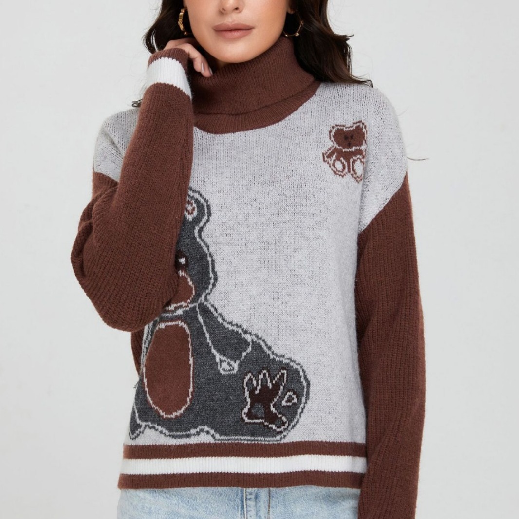 Women's Retro Color-Block Jacquard Cartoon Bear Turtleneck Knit Sweater