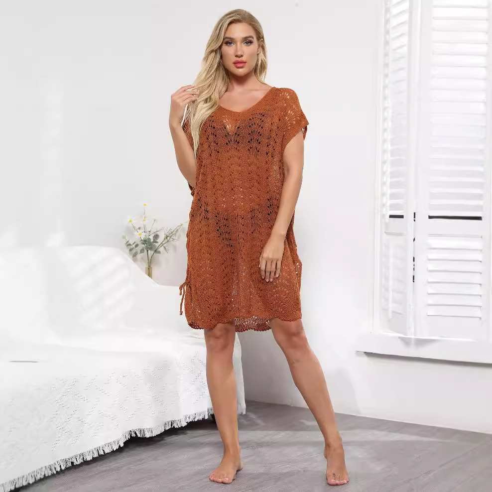 Women's Sheer Tie-Front Knit Beach Cover-Up Dress