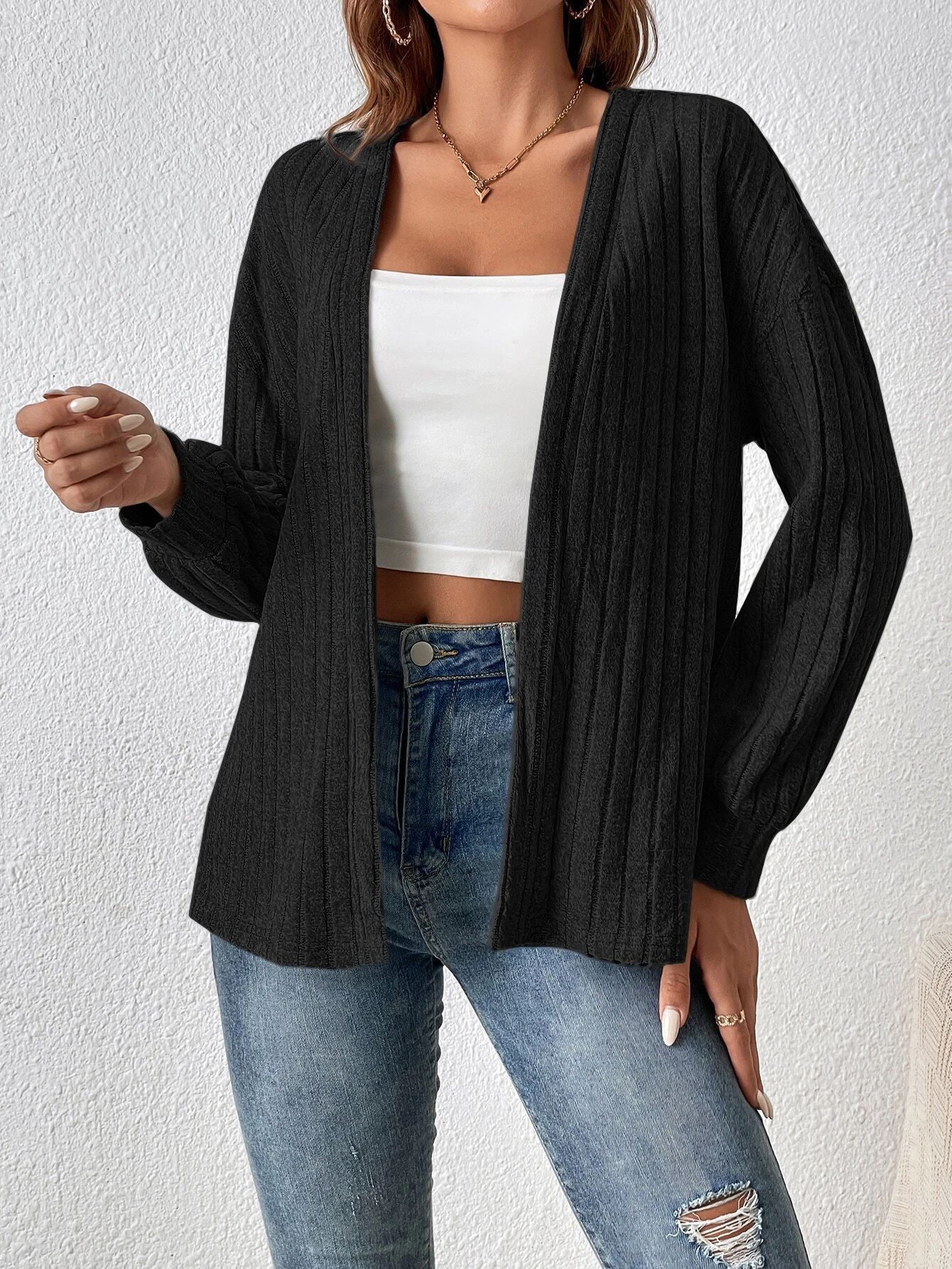 Ribbed Brushed Solid Color Open-Front Cardigan Jacket for Women