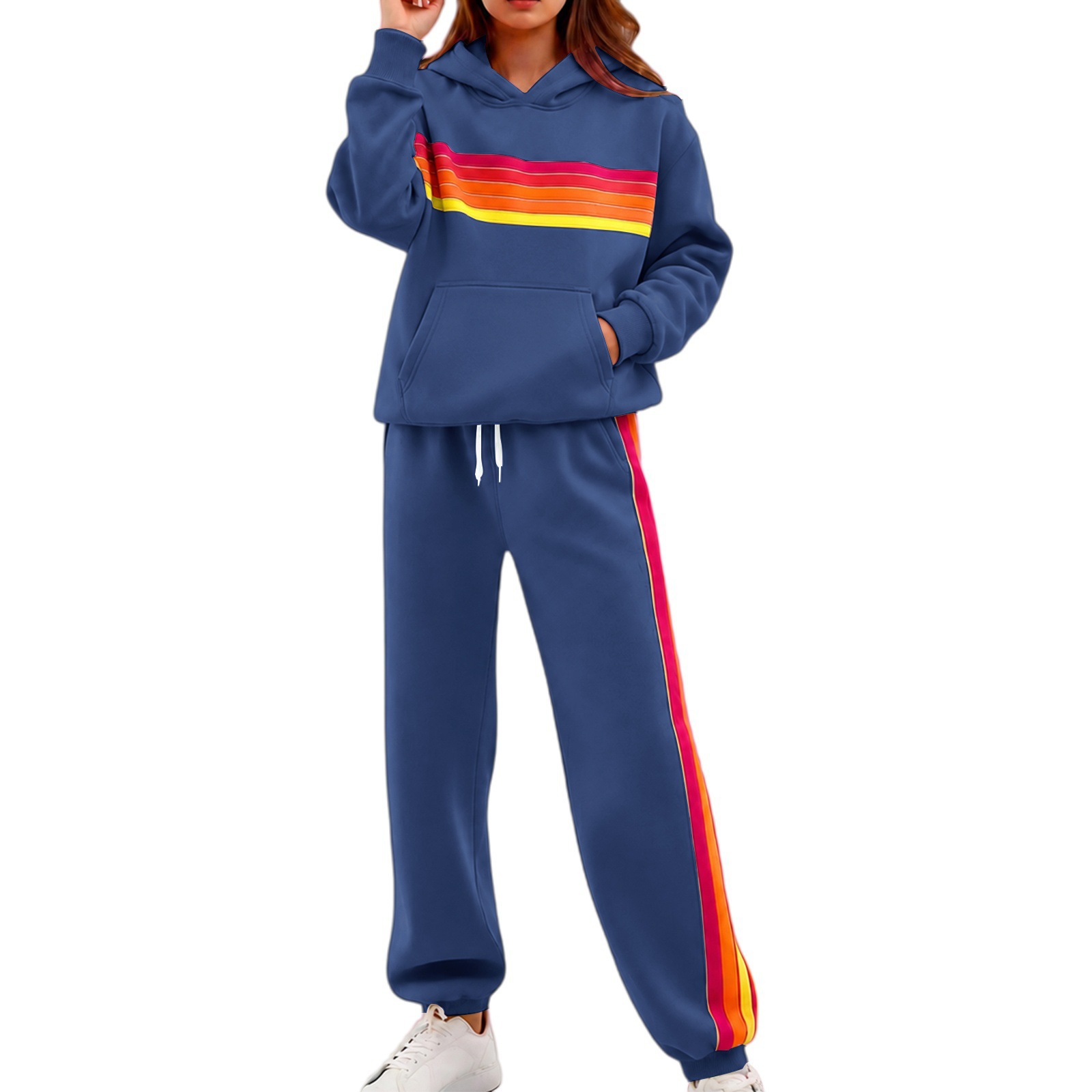 Women's Hooded Colorblock Striped Loungewear Set with Elastic Waist