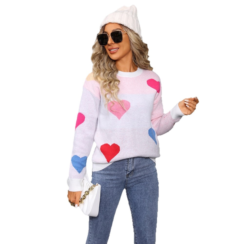 Heart Pattern Crewneck Knit Pullover Sweater