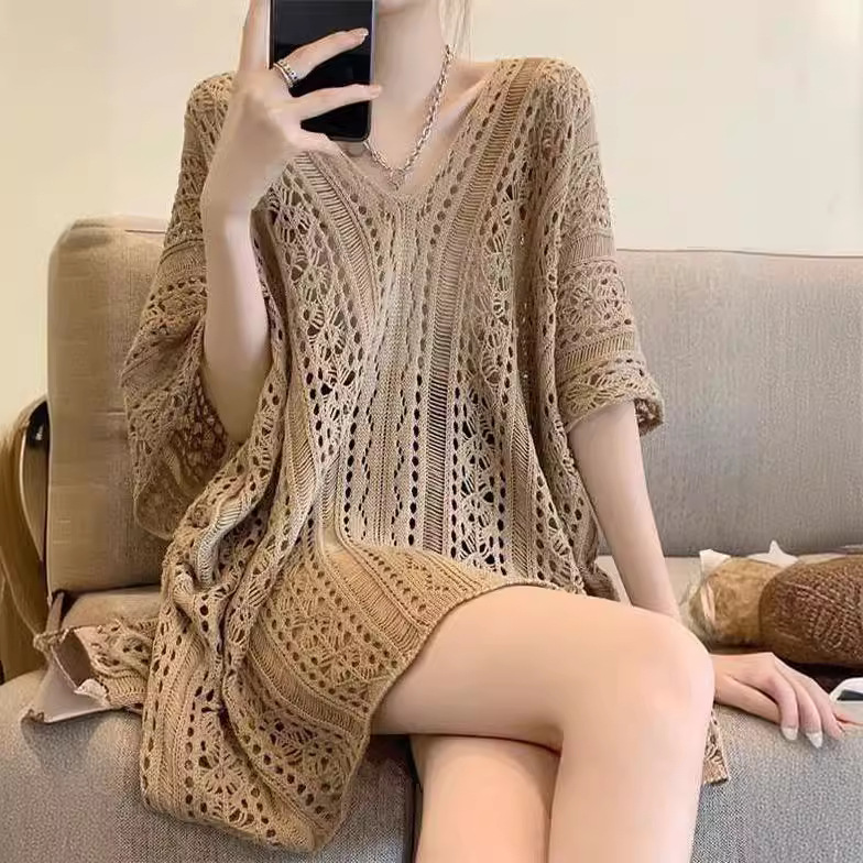 Openwork Short-Sleeve Knit Top Women's Loose Lightweight Sun Protection Cover-Up