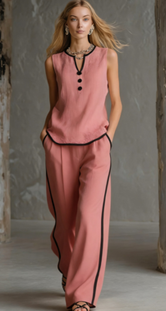 Sleeveless V-Neck Colorblock Top & Wide-Leg Pants Set