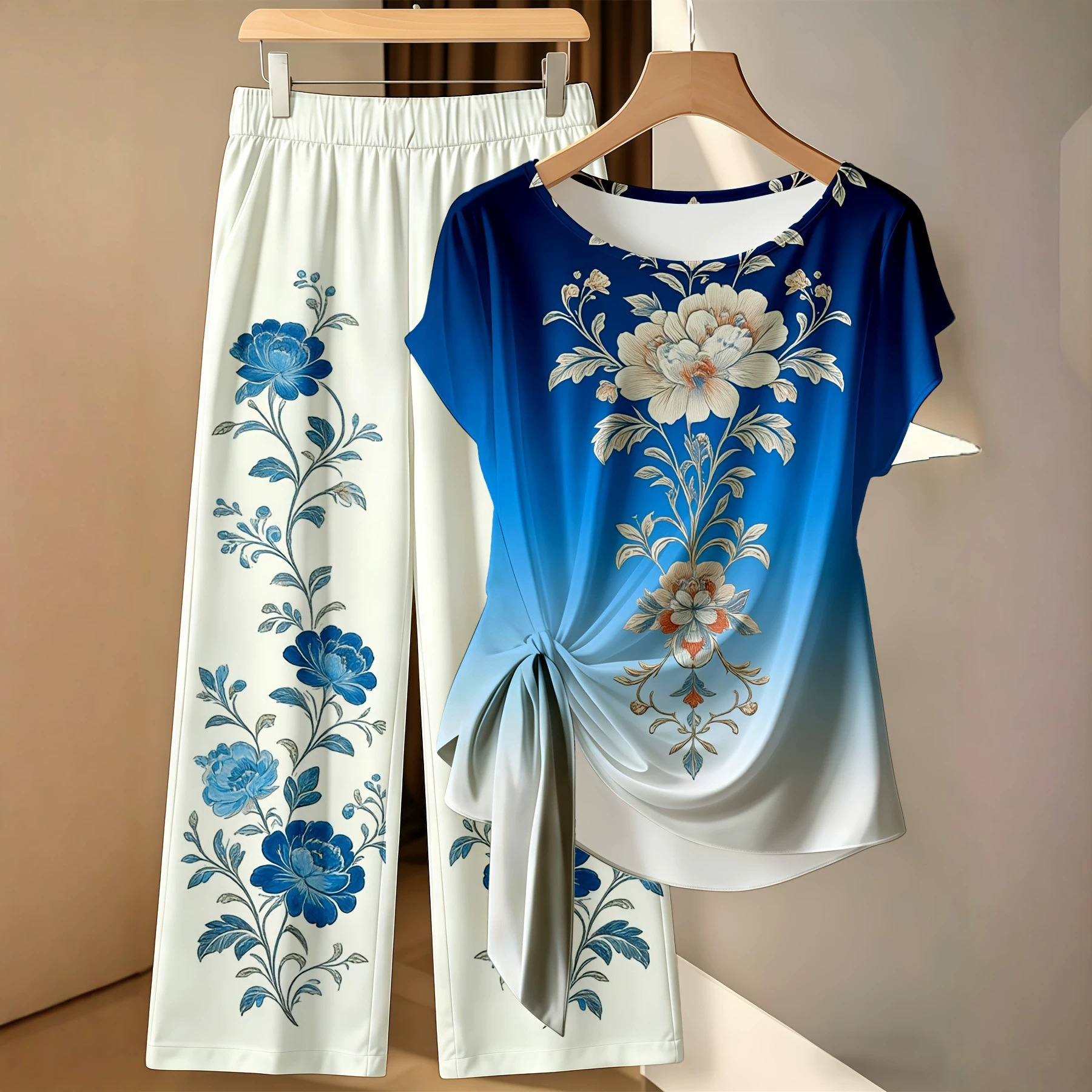 Floral Print Short Sleeve Top and Pants Set