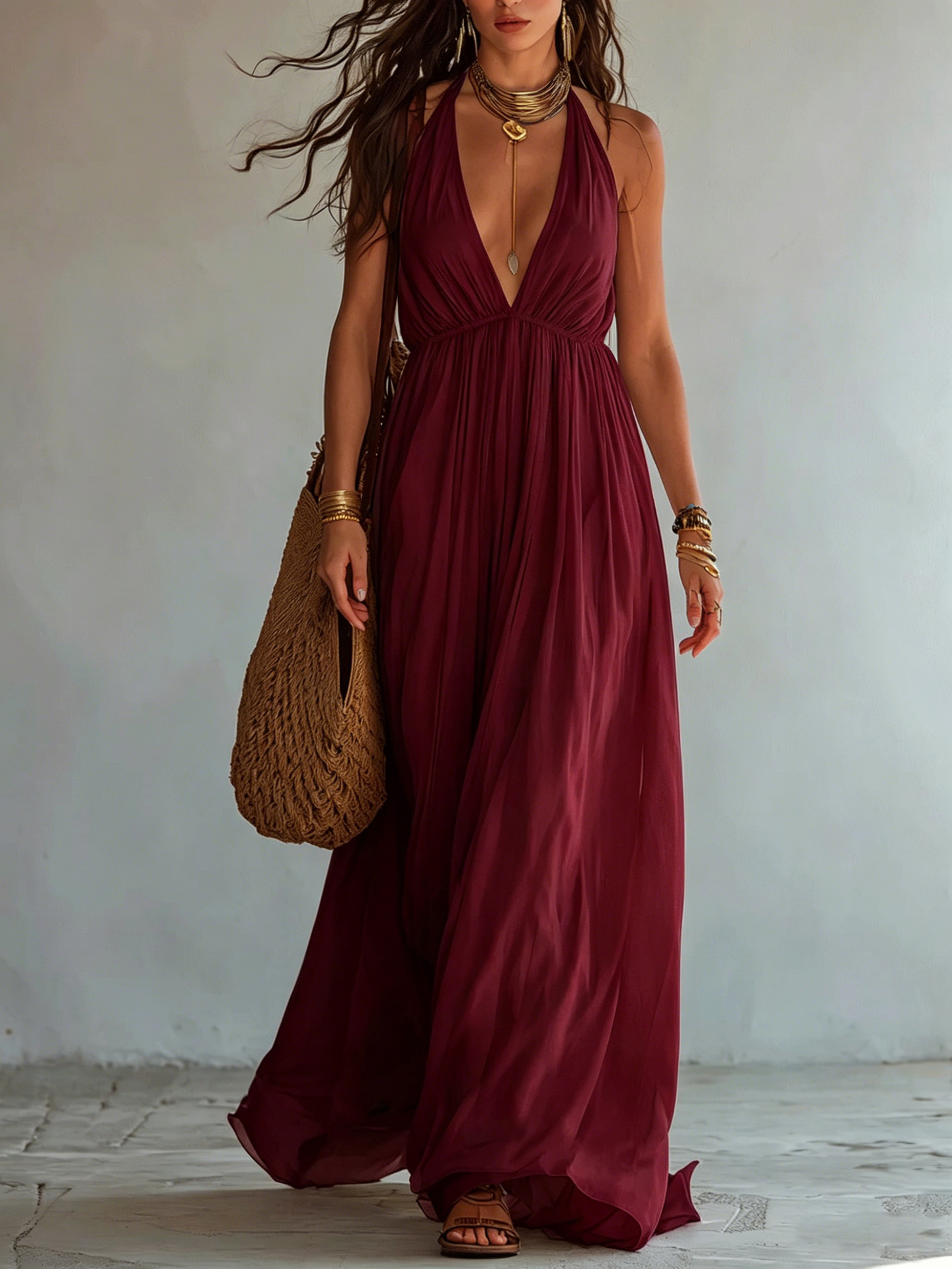 Women's Deep V-Neck Pleated Halter Open-Back Long Evening Dress