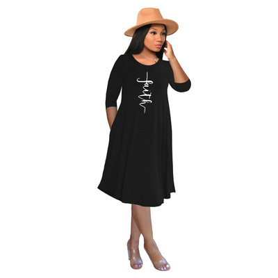 Faith Print A-Line Midi Dress with 3/4 Sleeves