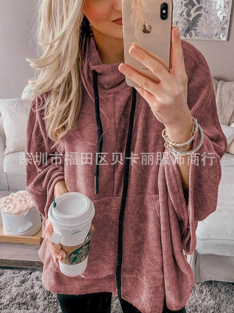 Women's High-Neck Batwing Sleeve Pullover Hoodie