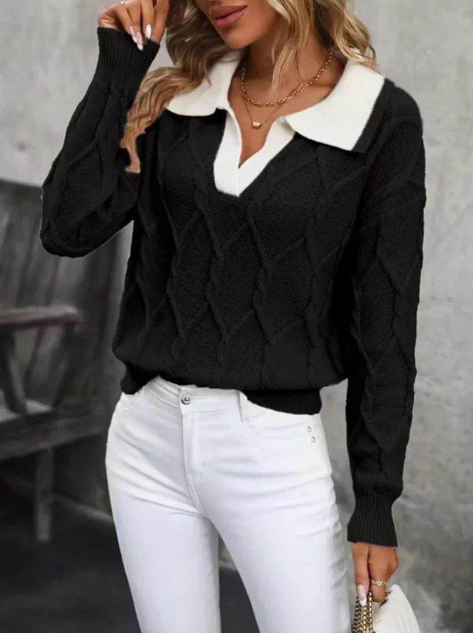 Elegant Color-Block Lapel Collar Long-Sleeve Knit Sweater