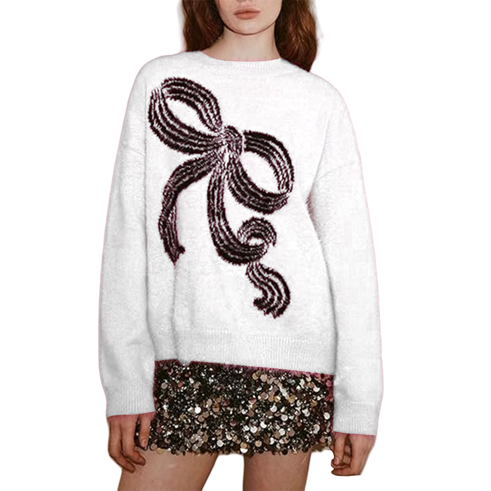 Bow Detail Fuzzy Knit Crewneck Sweater