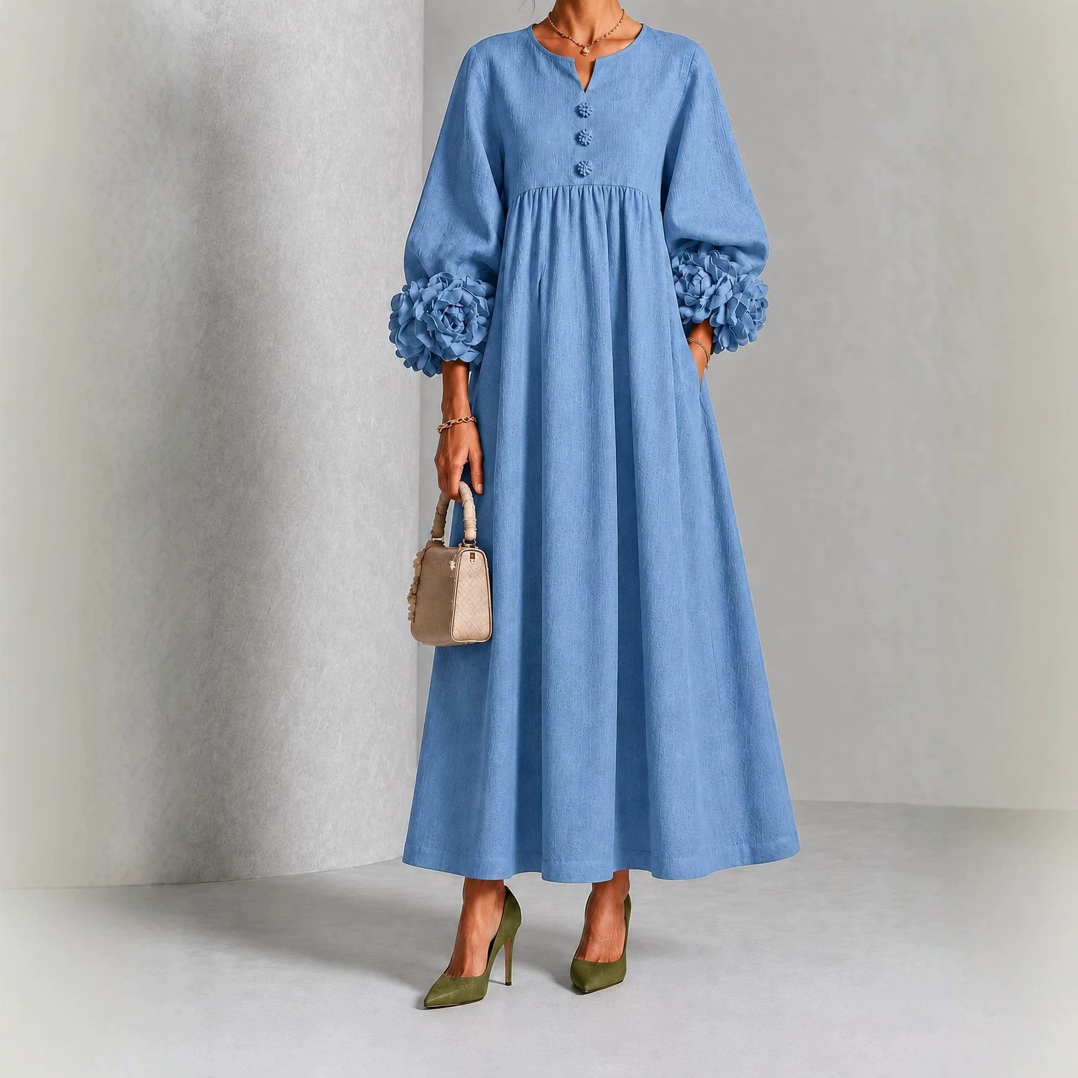 Women's Light Luxury Solid Color Dress with Floral Lantern Sleeves, V-Neck, High Waist, Pleated A-Line Long