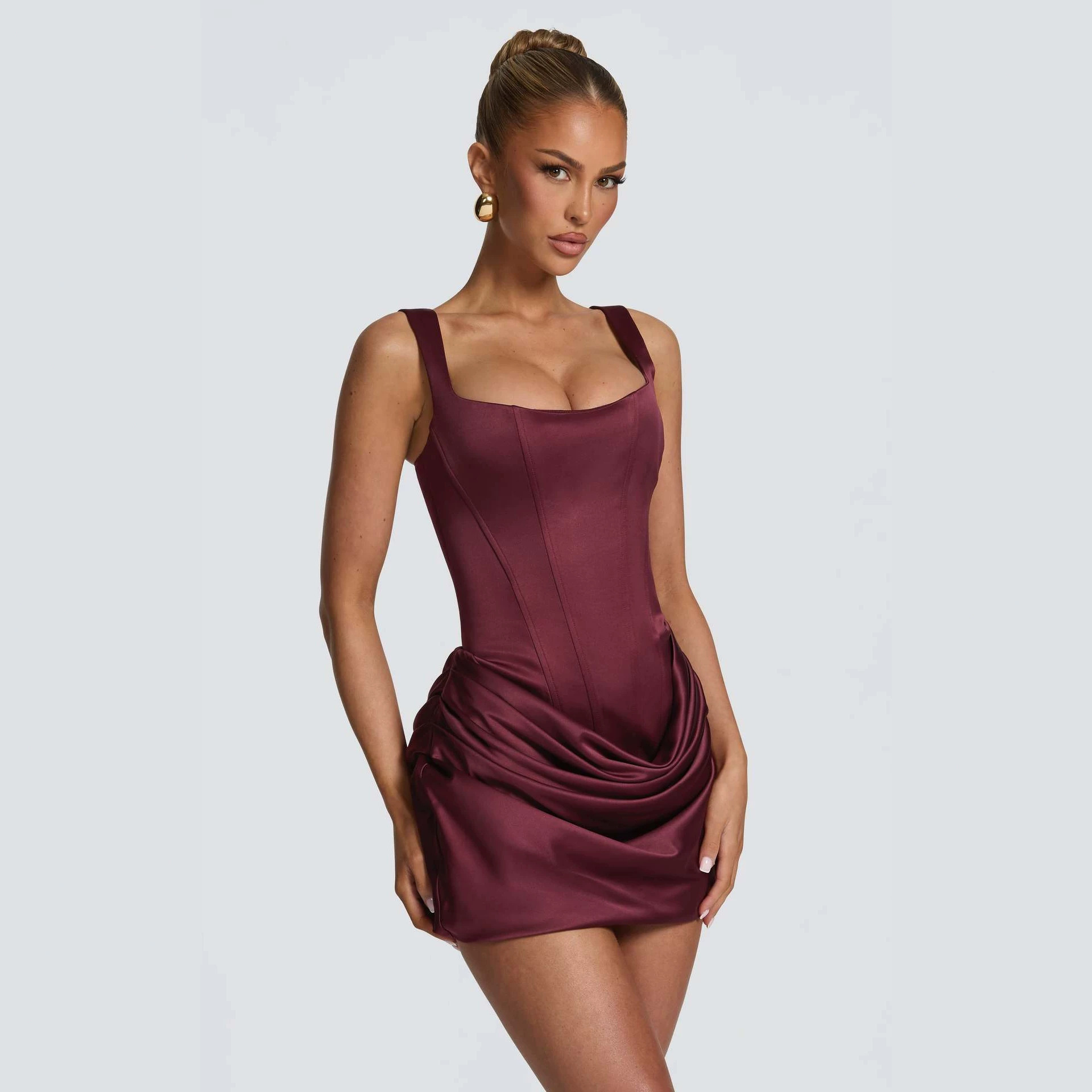 Square Neck Sleeveless High Waist Lace-Up Ruched Bodycon Mini Dress