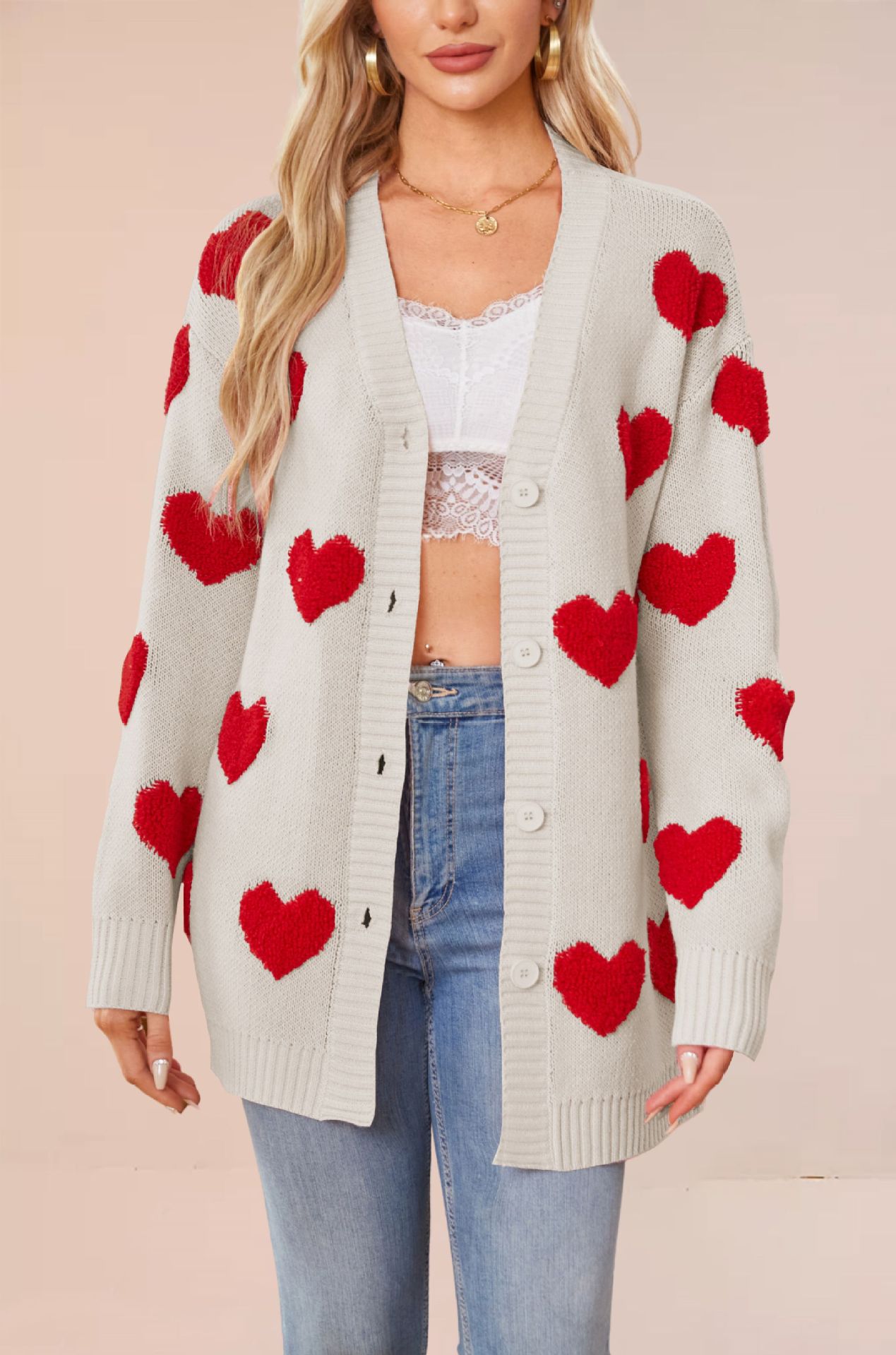Heart Jacquard Knit Cardigan V-Neck Button Midi Length