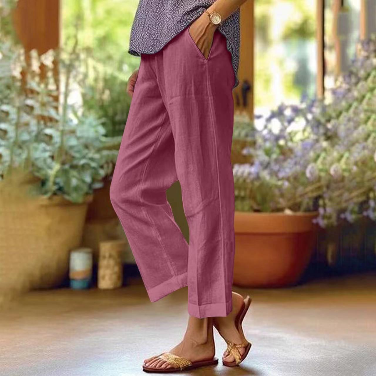 Women's Cotton-Linen Loose Straight-Leg Pants with Elastic Waist and Pockets