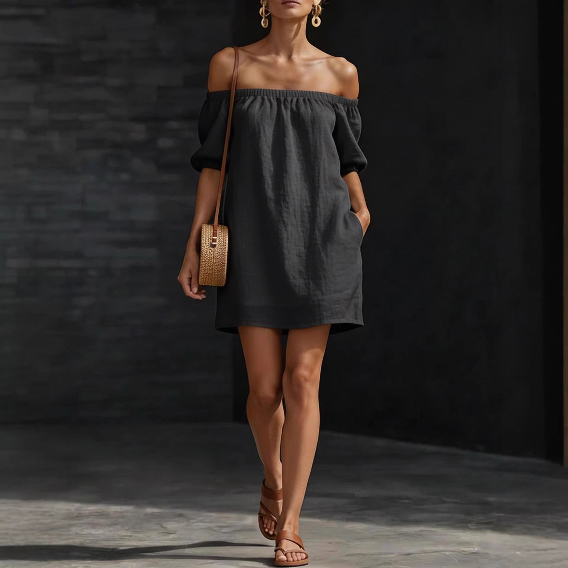 Women's Cotton-Linen Off-Shoulder Dress Solid Color Loose Fit
