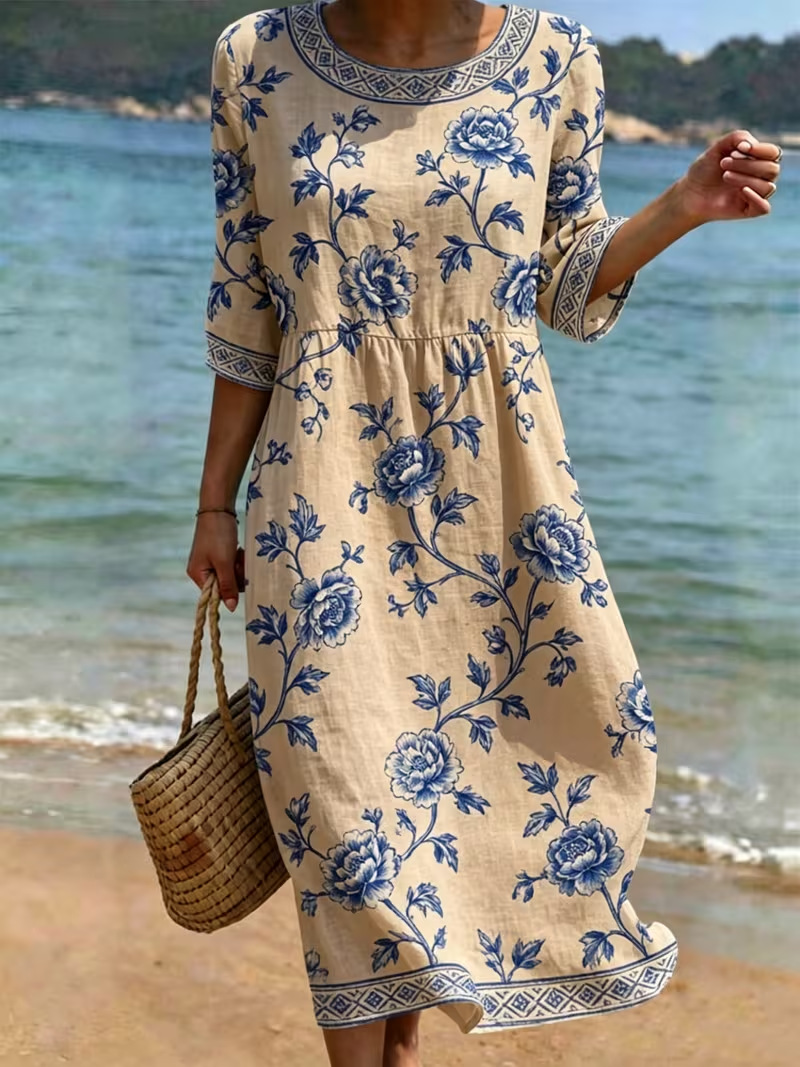 Women's Floral Print Midi Dress Crew Neck Half Sleeve Slim Fit Casual