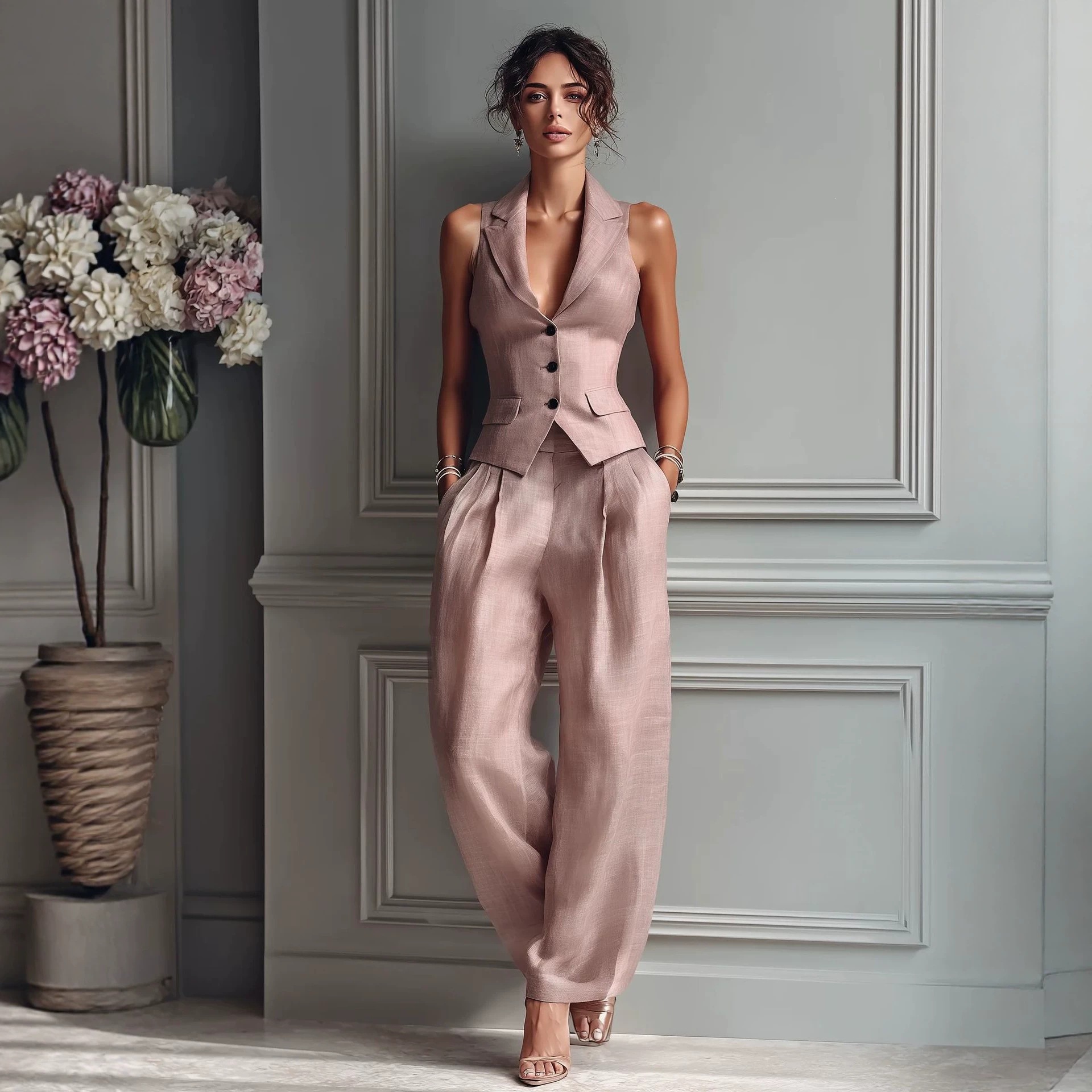 Women's Single-Breasted Vest & Pants Set Casual Chic