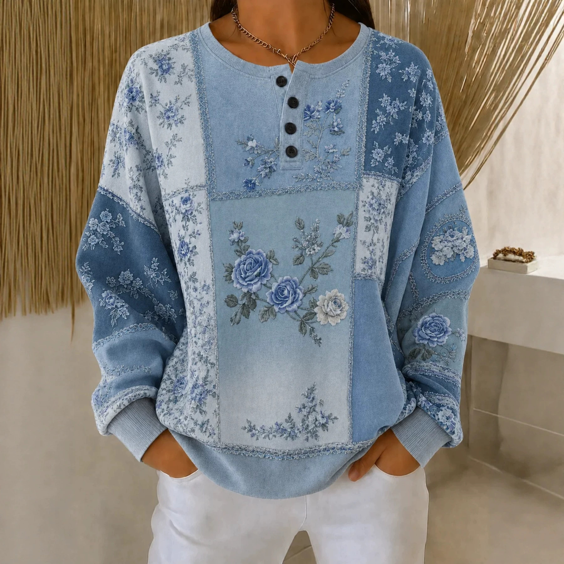 Women's Vintage Floral Print Button Sweatshirt
