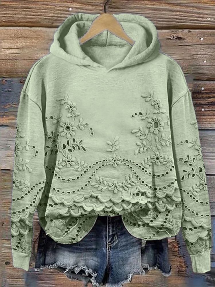 Women's Floral Print Hooded Sweatshirt Solid Color Pullover