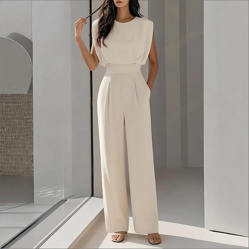 Women's Sleeveless Wide-Leg Jumpsuit with Waist Tie