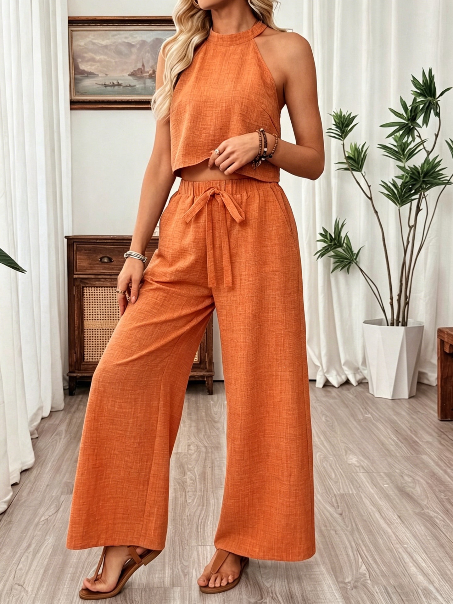 Women's Halter Sleeveless Crop Top and Wide-Leg Pants Set Casual Two-Piece
