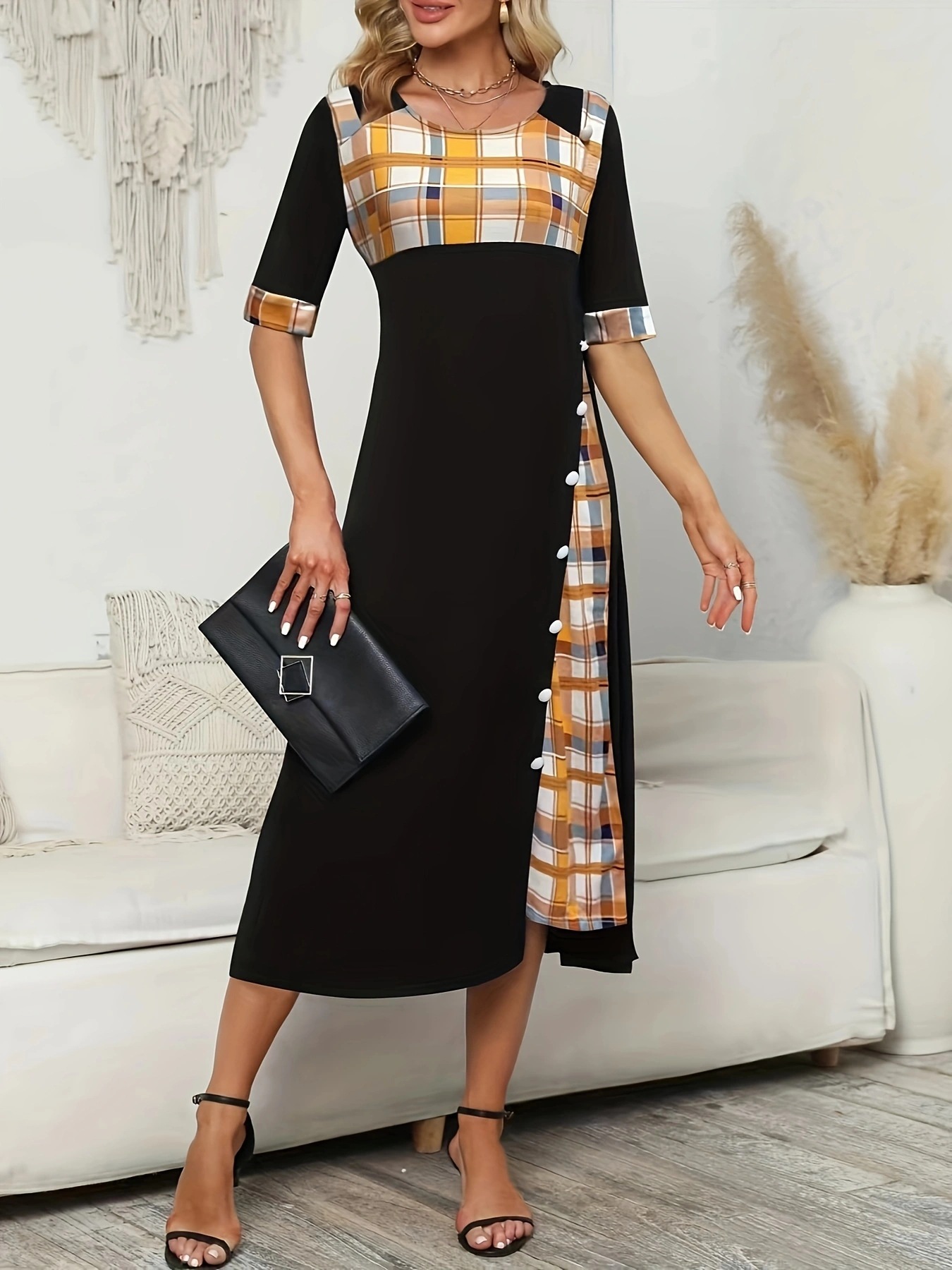Irregular Plaid Patchwork Round Neck Half Sleeve Long Dress