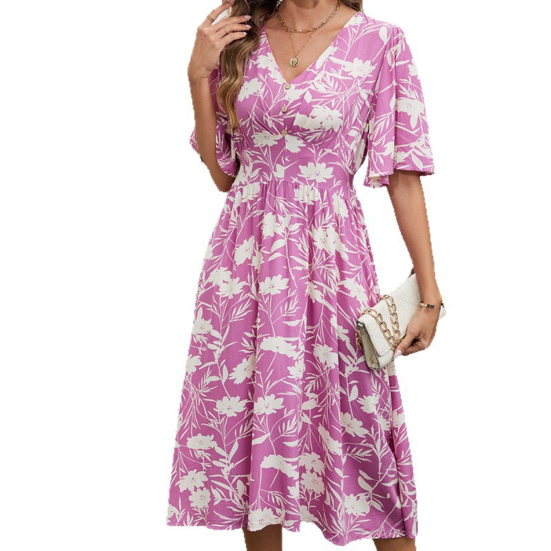 Boho Floral V-Neck Short Sleeve Cinched Waist Midi Dress