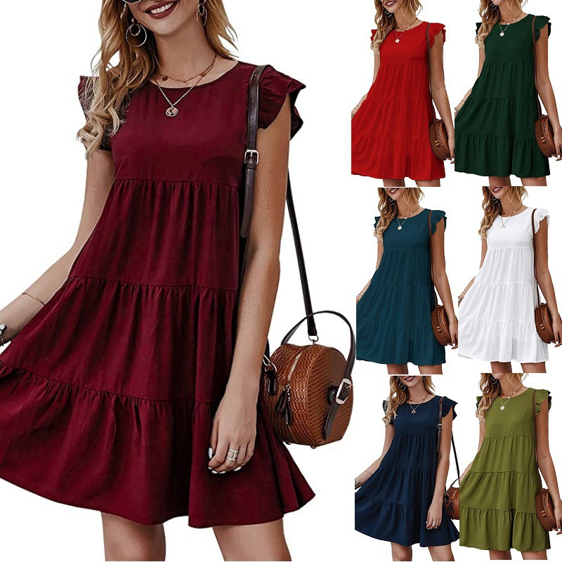 Women's Solid Crewneck Short Sleeve Tiered Ruffle Midi Dress
